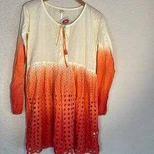 NEW Velzera Orange Ombré Eyelet Babydoll Dress Beach Coverup Long Sleeve Mini